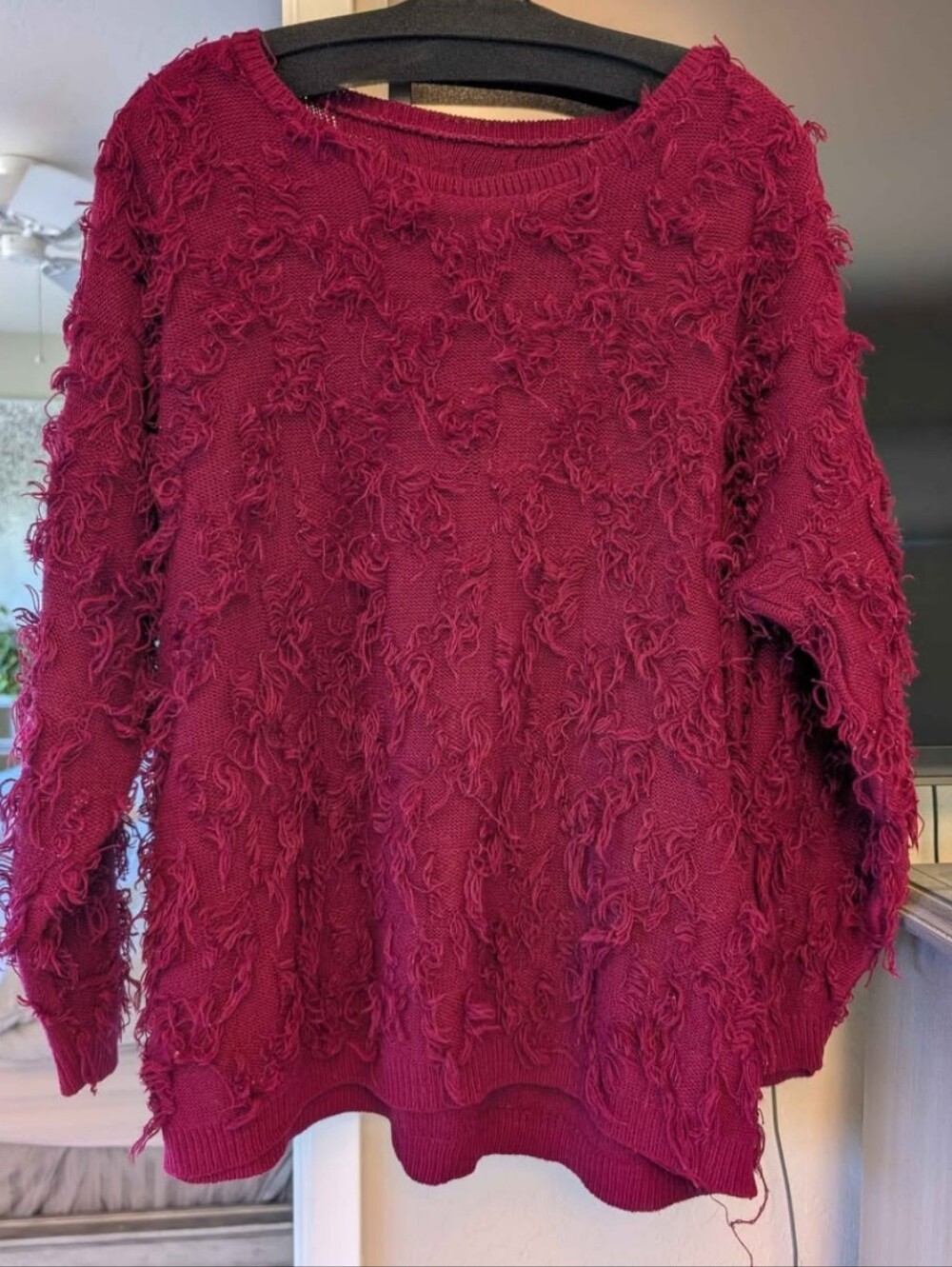 David Brett Vintage Fringe Burgundy Red Shaggy Oversized Sweater